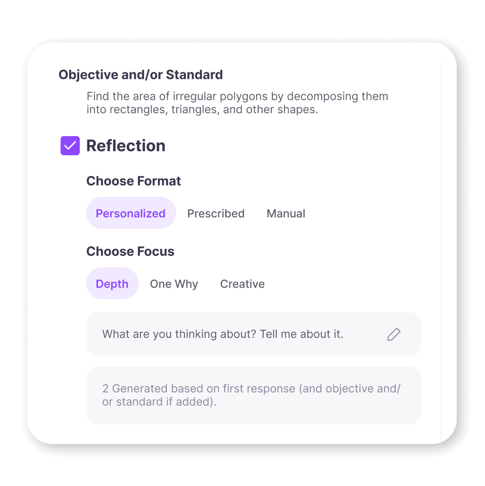 MirrorTalk interface showing options to set up personalized reflective prompts for any learning objective or standard, including STEM, literacy, language, and 21st century skills.
