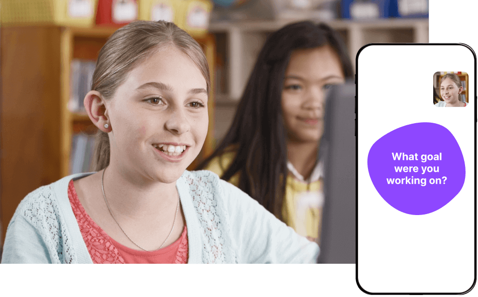 Students using MirrorTalk on a screen and phone, responding to a prompt about their learning goal to support assessment and differentiated instruction.