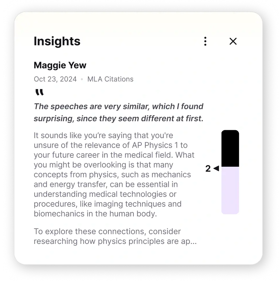 Educational dashboard showing 'Insights' and a bar graph for a plagiarism activity score.